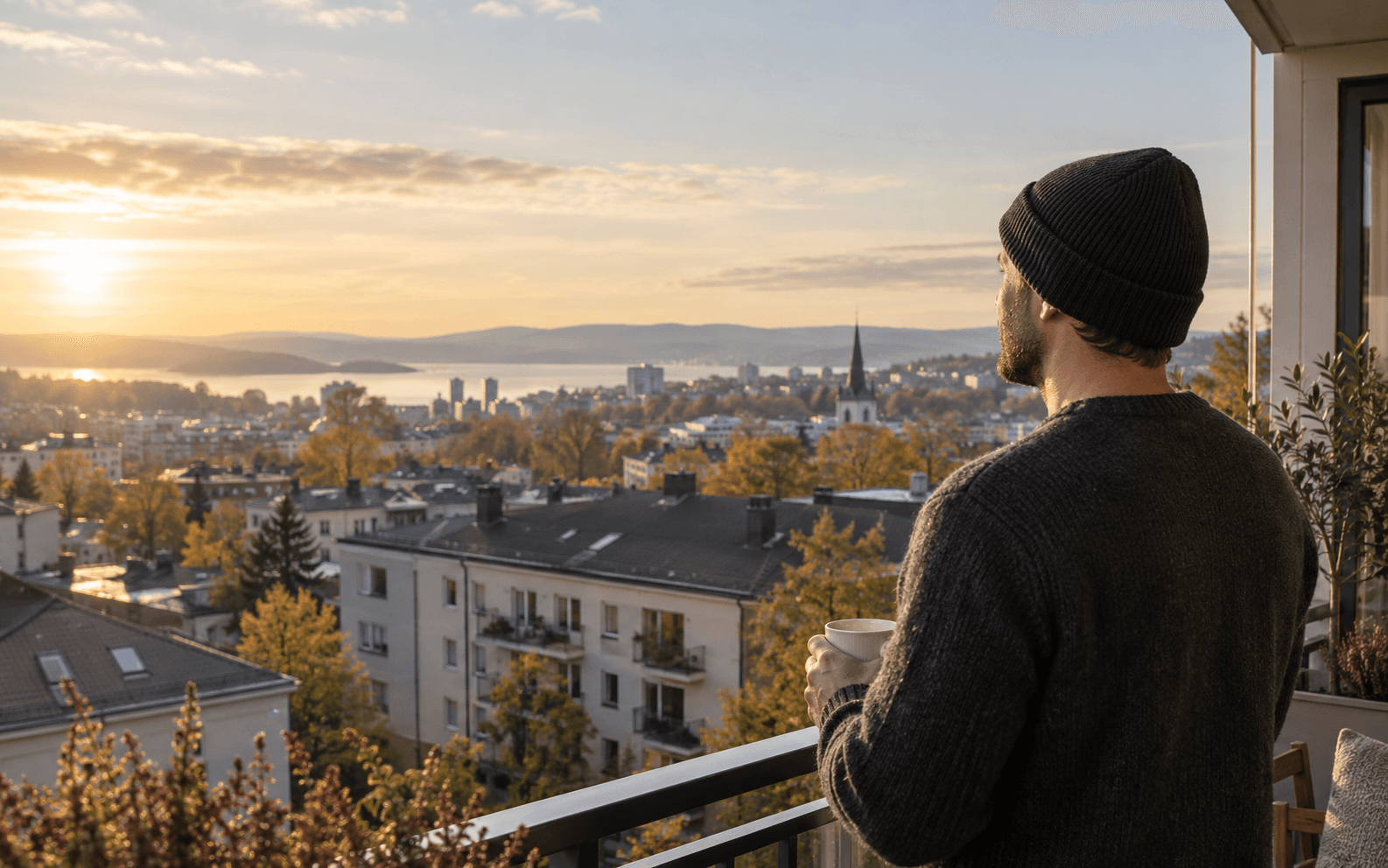 Illustrasjonsfoto: person med ryggen til på en balkong med utsikt over Oslo i morgenlys